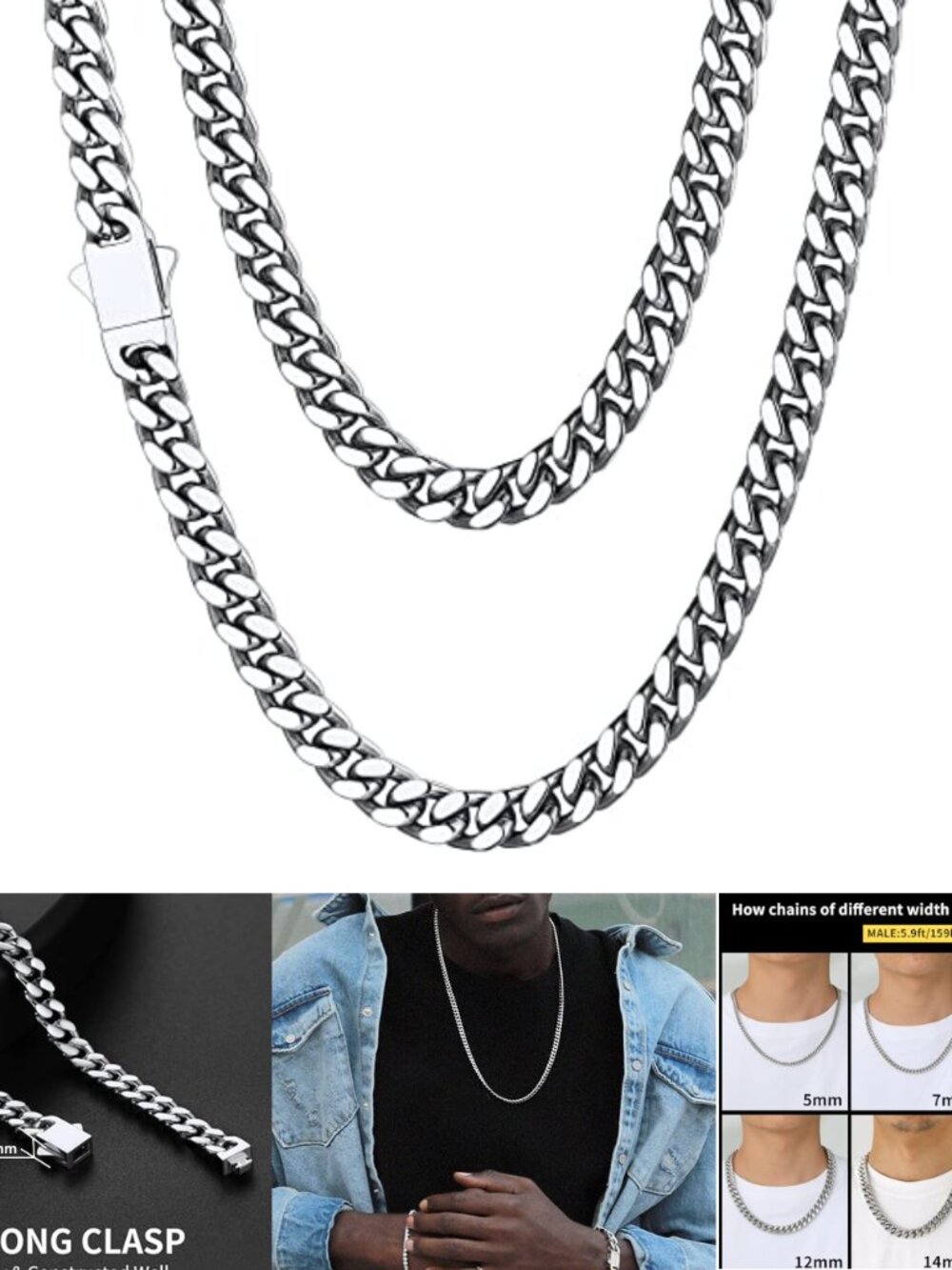 Men's Stainless Steel Cuban Link Chain Waterproof Necklace Fold Over Clasp
